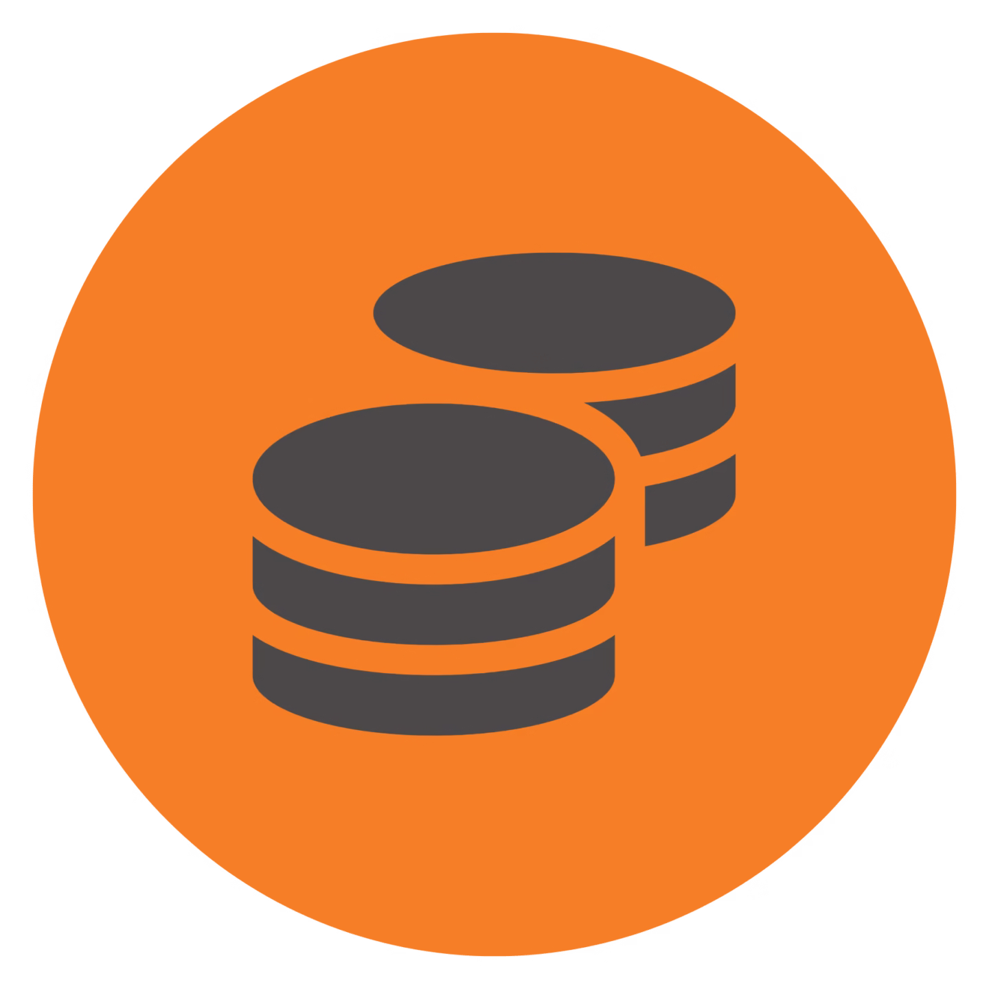 Icon von dunkelgrauen Geldmünzen auf einem orangenen kreisrunden Hintergrund