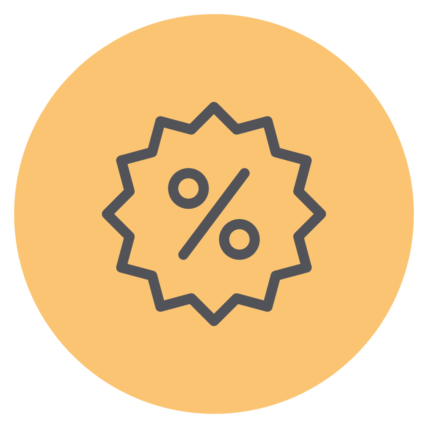 Icon von einem dunkelgrauen Rabattzeichen auf einem orangenen kreisrunden Hintergrund