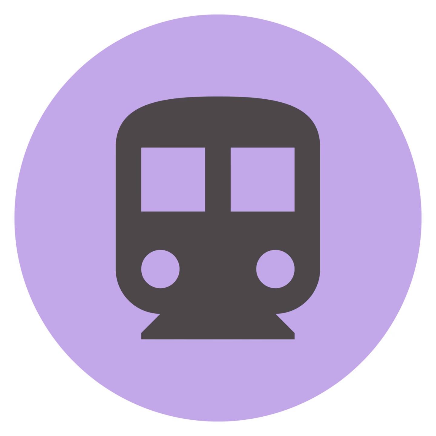Icon von einem dunkelgrauen Zug auf einem lilafarbenen kreisrunden