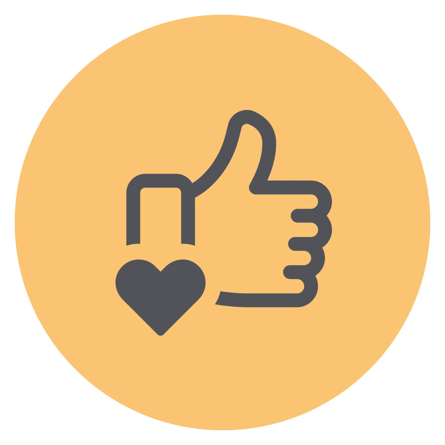 Icon von einem dunkelgrauen Daumen hoch auf einem orangenen kreisrunden Hintergrund