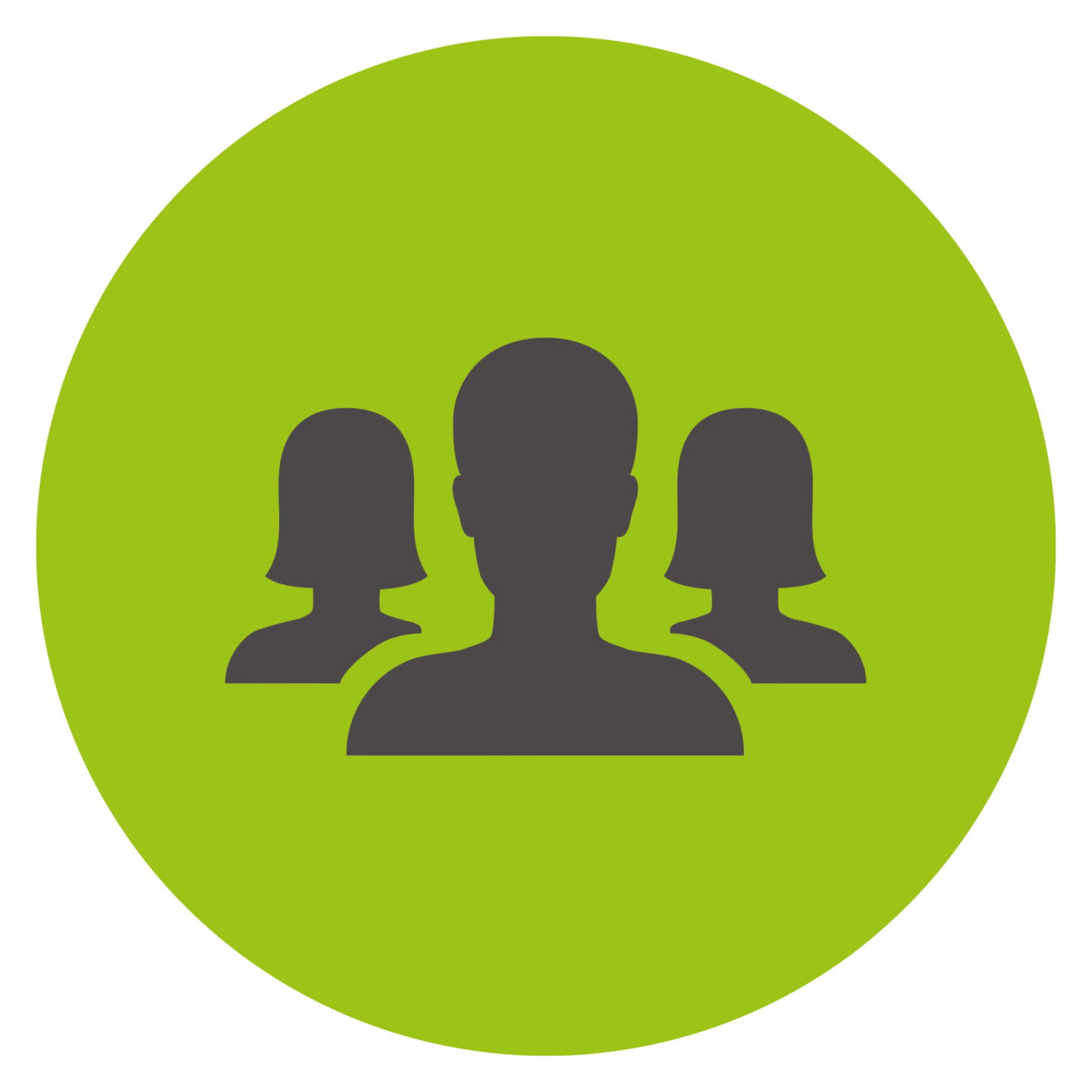 Icon von einer dunkelgrauen Gruppe von drei Menschen auf einem grünen kreisrunden