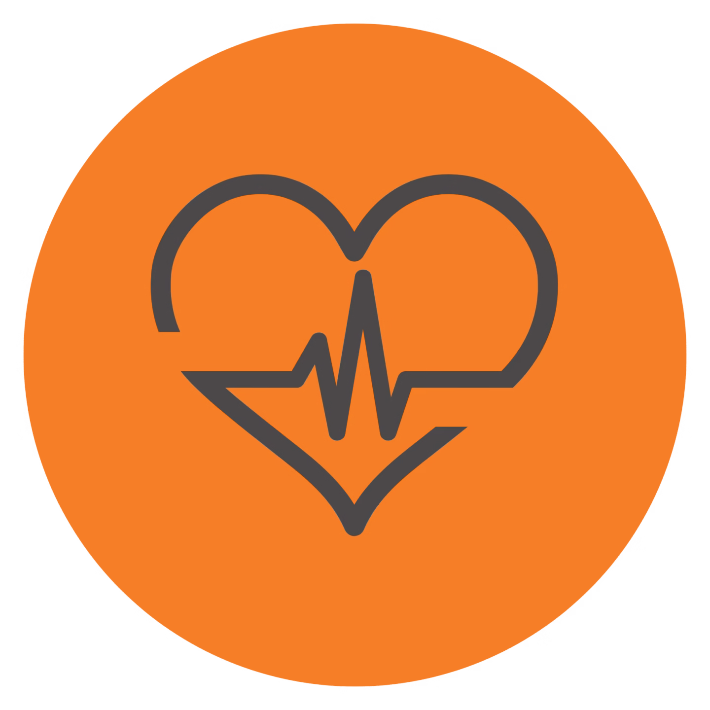 Icon von einem dunkelgrauen Herz mit Lebenslinie auf einem orangenen kreisrunden Hintergrund
