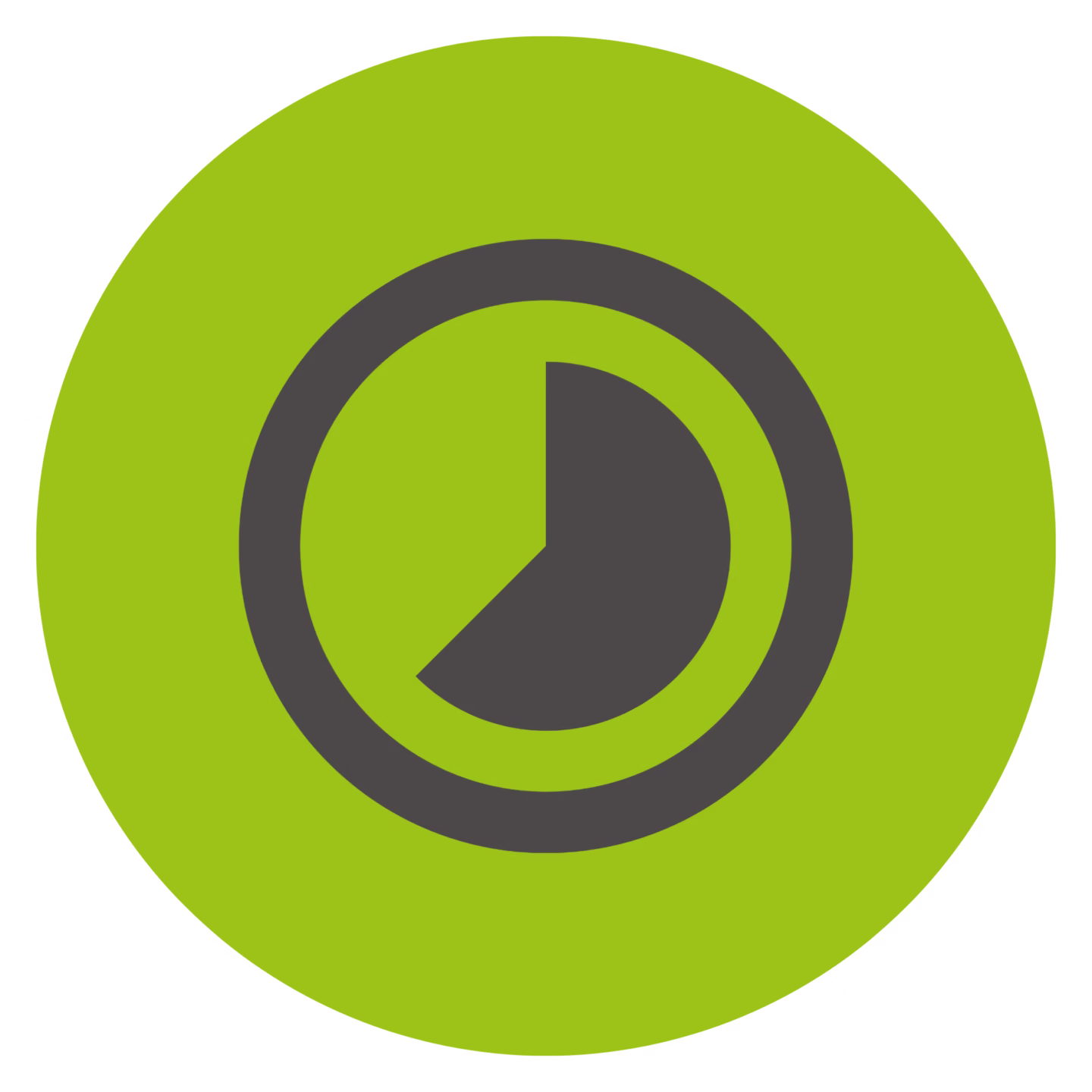 Icon von einer dunkelgrauen Uhr auf einem grünen kreisrunden