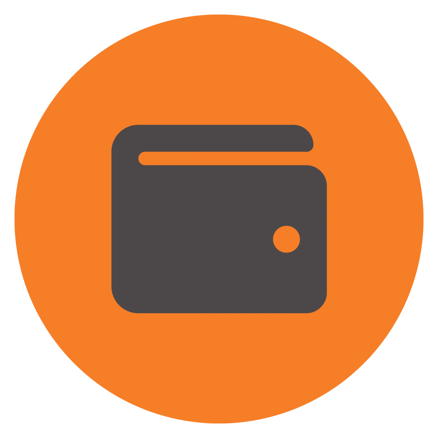 Icon von einer dunkelgrauen Mappe auf einem orangenen kreisrunden Hintergrund