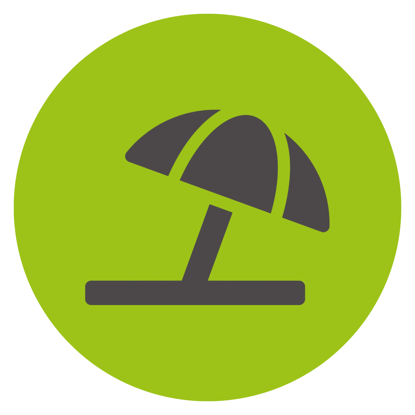 Icon von einem dunkelgrauen Sonnenschirm auf einem grünen kreisrunden Hintergrund