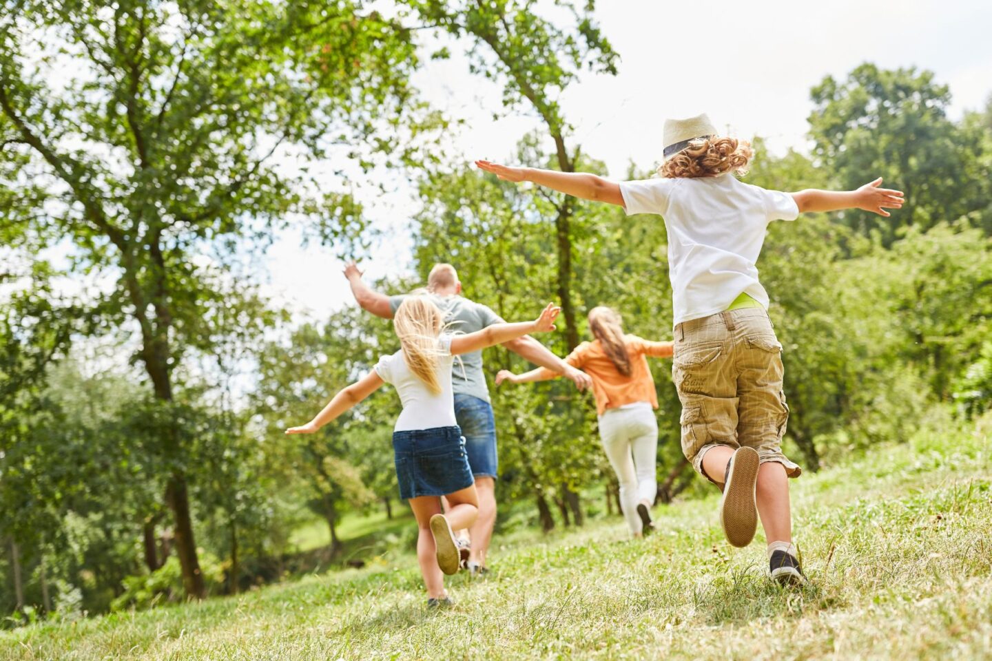 Drei Kinder und ein Erwachsener laufen über eine Wiese und strecken dabei die Arme in die Luft, als ob sie fliegen würden. Alle Personen sind nur von hinten zu sehen,